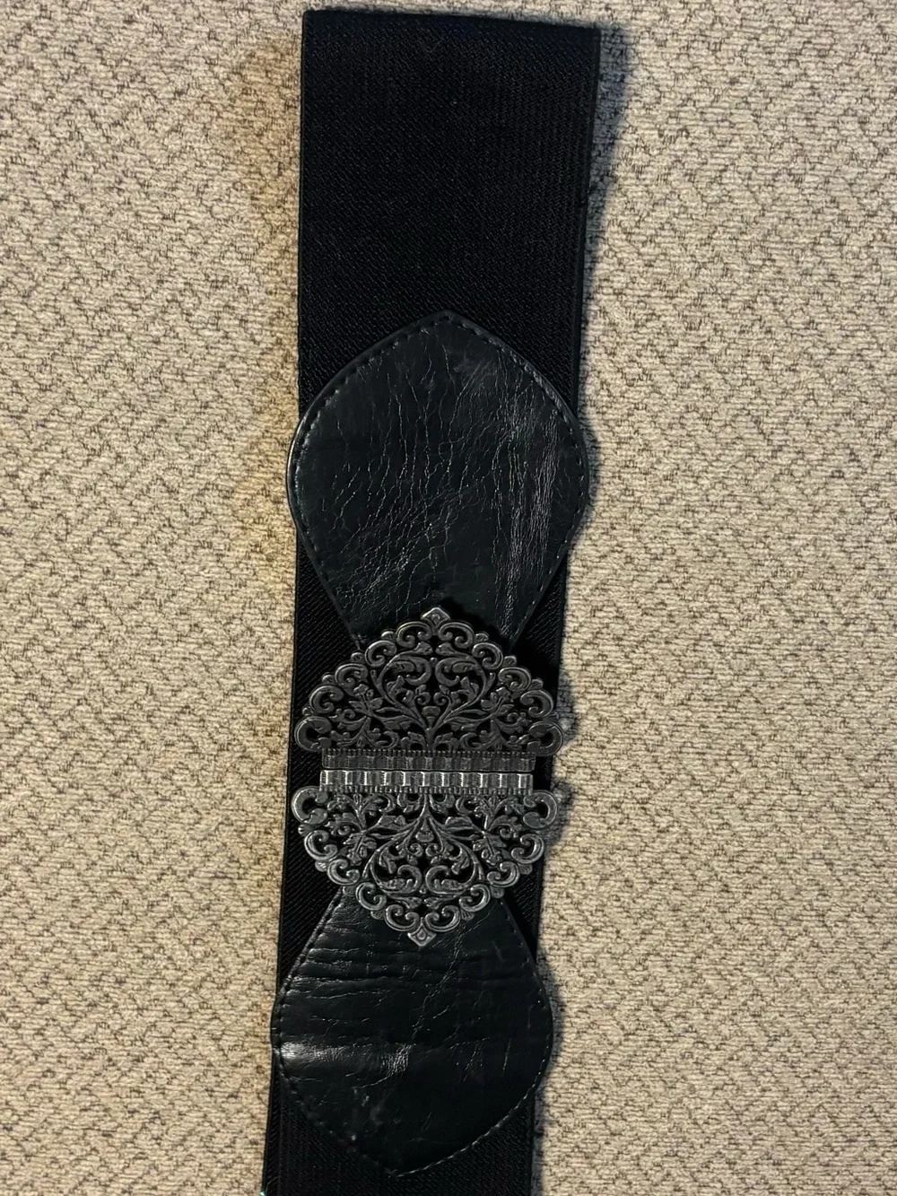 Black Wide Elastic Belt with Ornate Silver Filigree Buckle